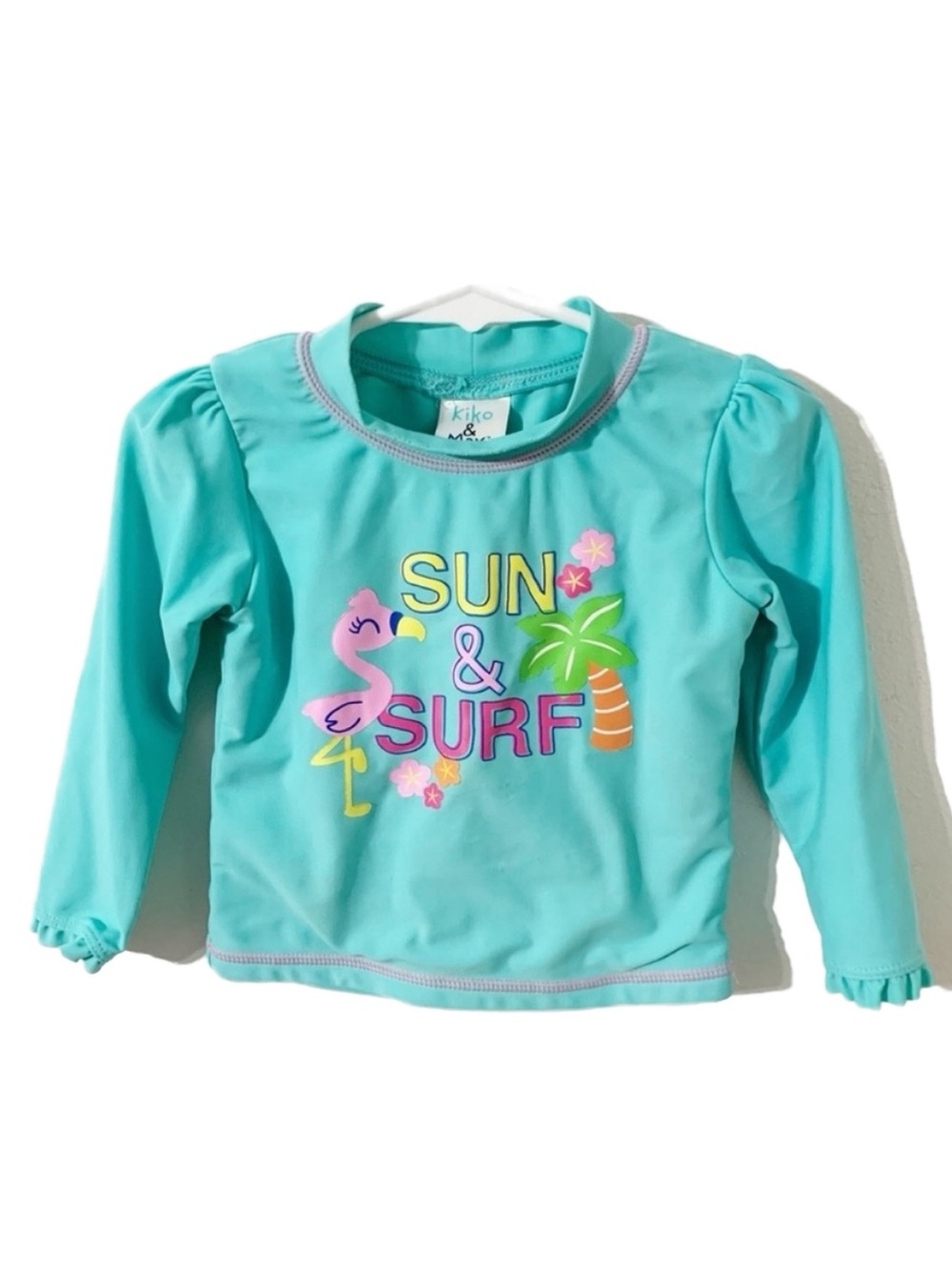 Kiko & Max Sun and Surf Graphic RashGuard Ruffled Cuffs Crewneck Long Sleeve🩵🩷